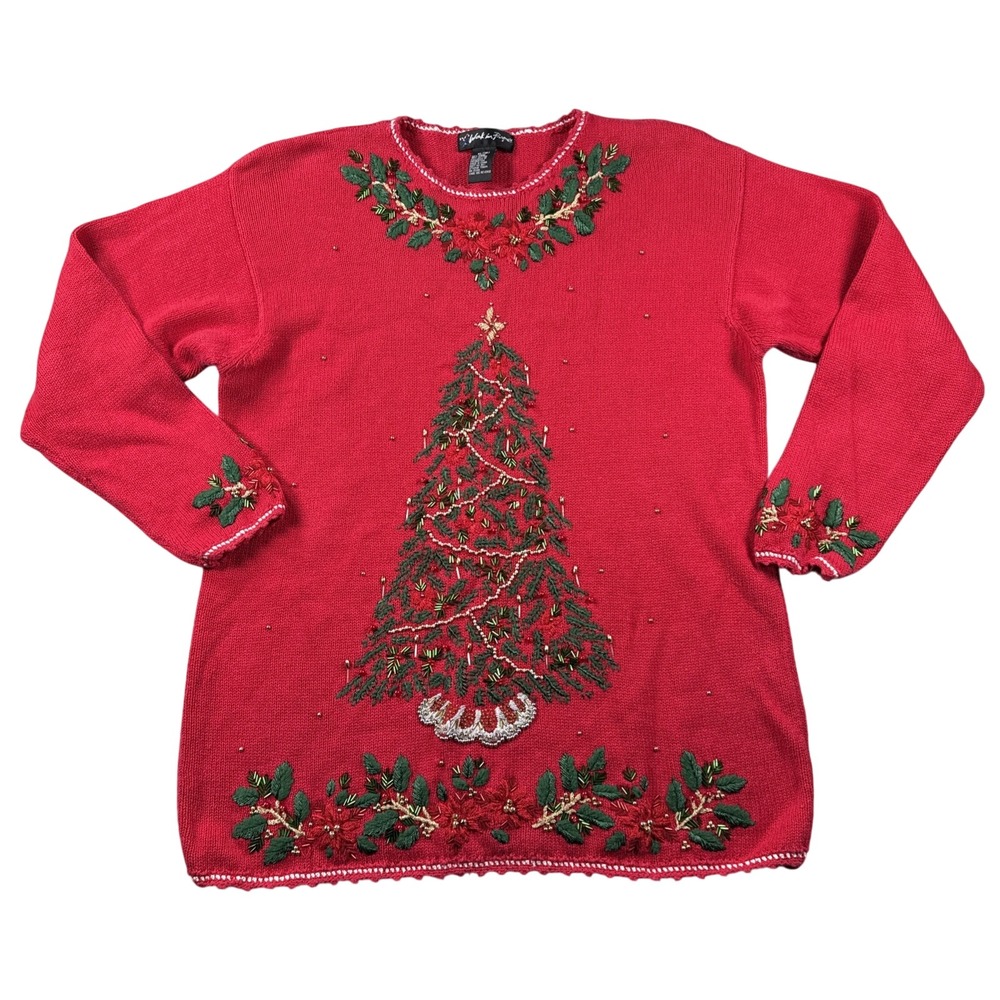 Work‎ In Progress Christmas Sweater Womens XL Christmas Tree Beaded Embroidered